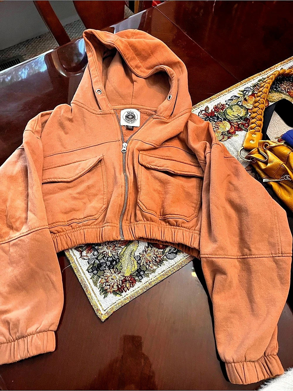 Ashley Vintage Charm Hooded Utility Bomber Jacket Orange Large